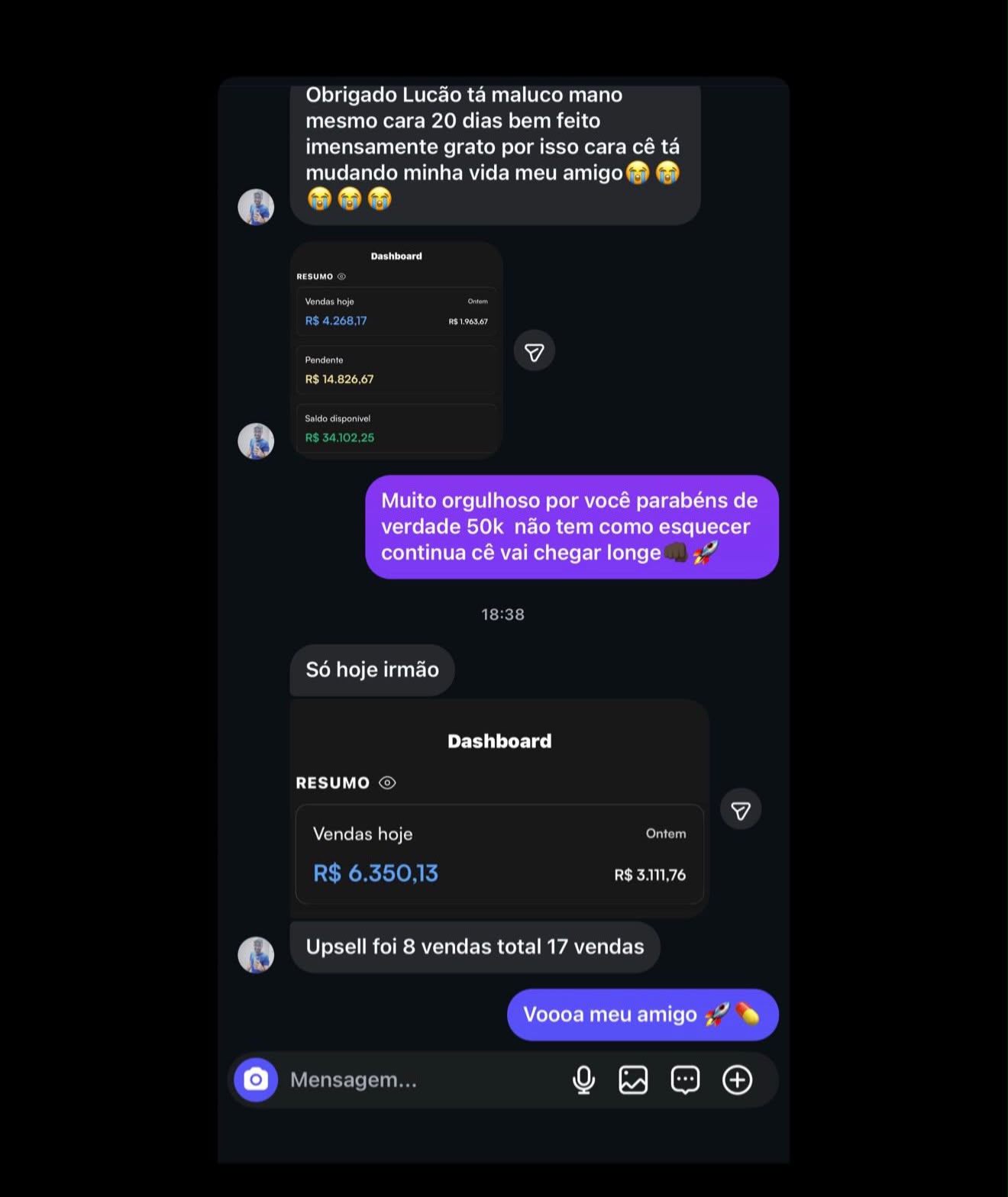 Print de aluno com 17 vendas e upsell no mesmo dia