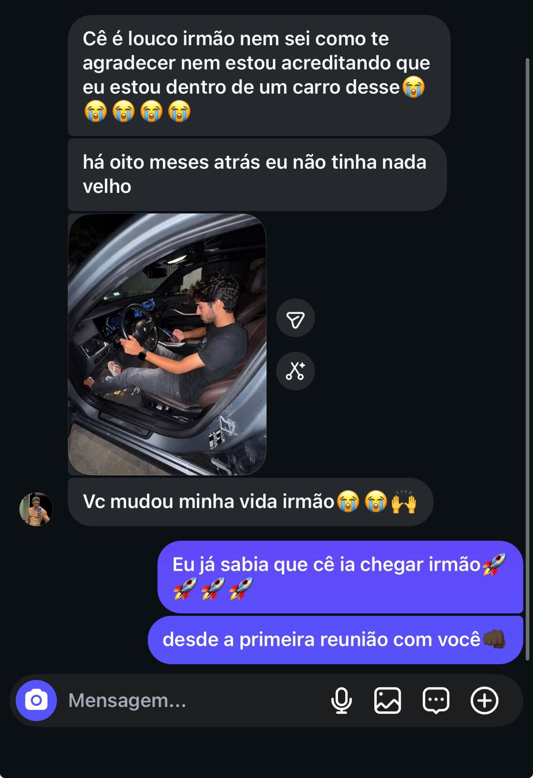 Print de aluno agradecendo pela conquista do carro