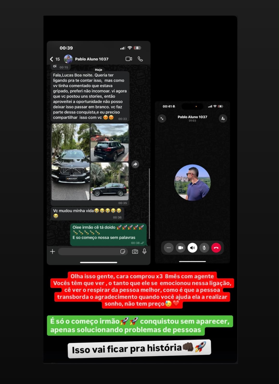 Print de aluno que comprou uma BMW X3 em 8 meses