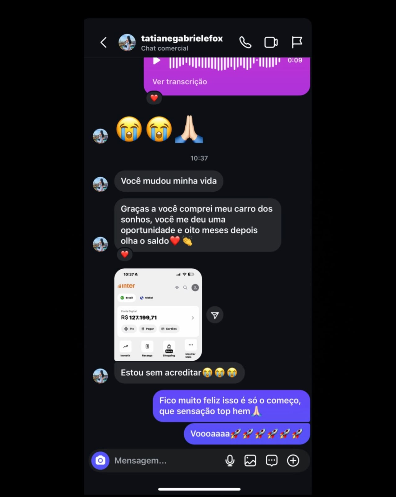 Print de aluna que comprou o carro dos sonhos