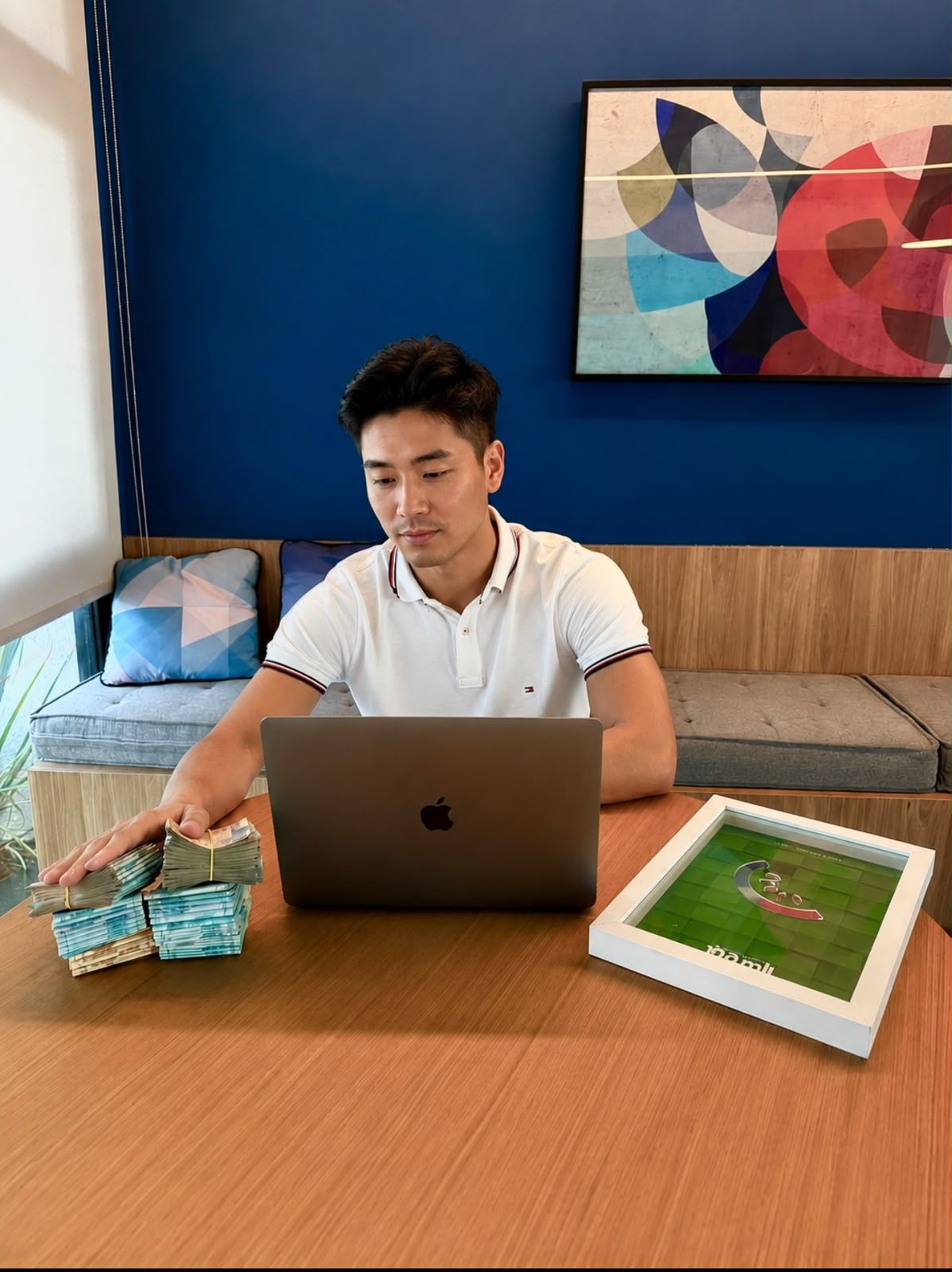 Aluno operando no notebook com o caixa do dia em mãos